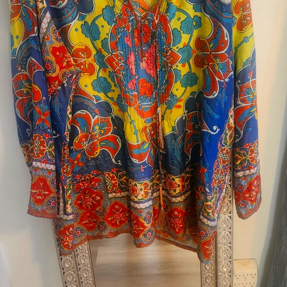 Johnny Was Graphic Yellow and Blue Silk Tunic